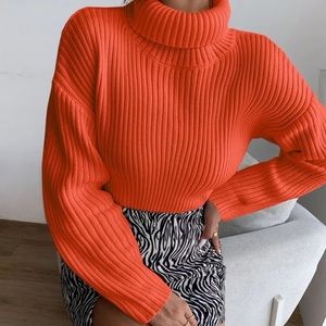 High turtleneck ribbed sweater orange